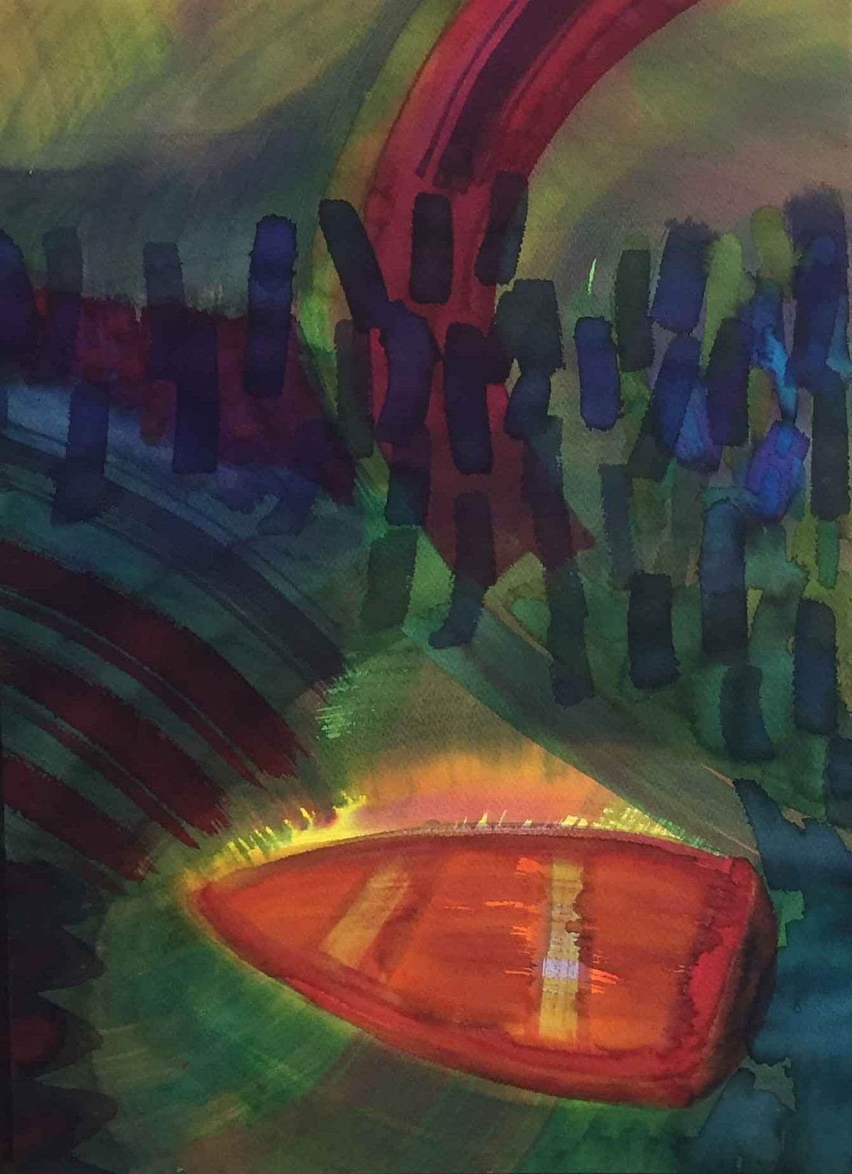 An abstract watercolor painting with a rich palette of deep forest green, teal, dark indigo, and crimson. At the bottom of the composition, a reddish-orange boat or seed shape glows with a bright yellow illuminated border. Dark vertical brushstrokes resemble dense trees or reeds surrounding the central area. Arching sweeps of deep magenta and violet curve down from the top and left, creating a dramatic, shadowed atmosphere.