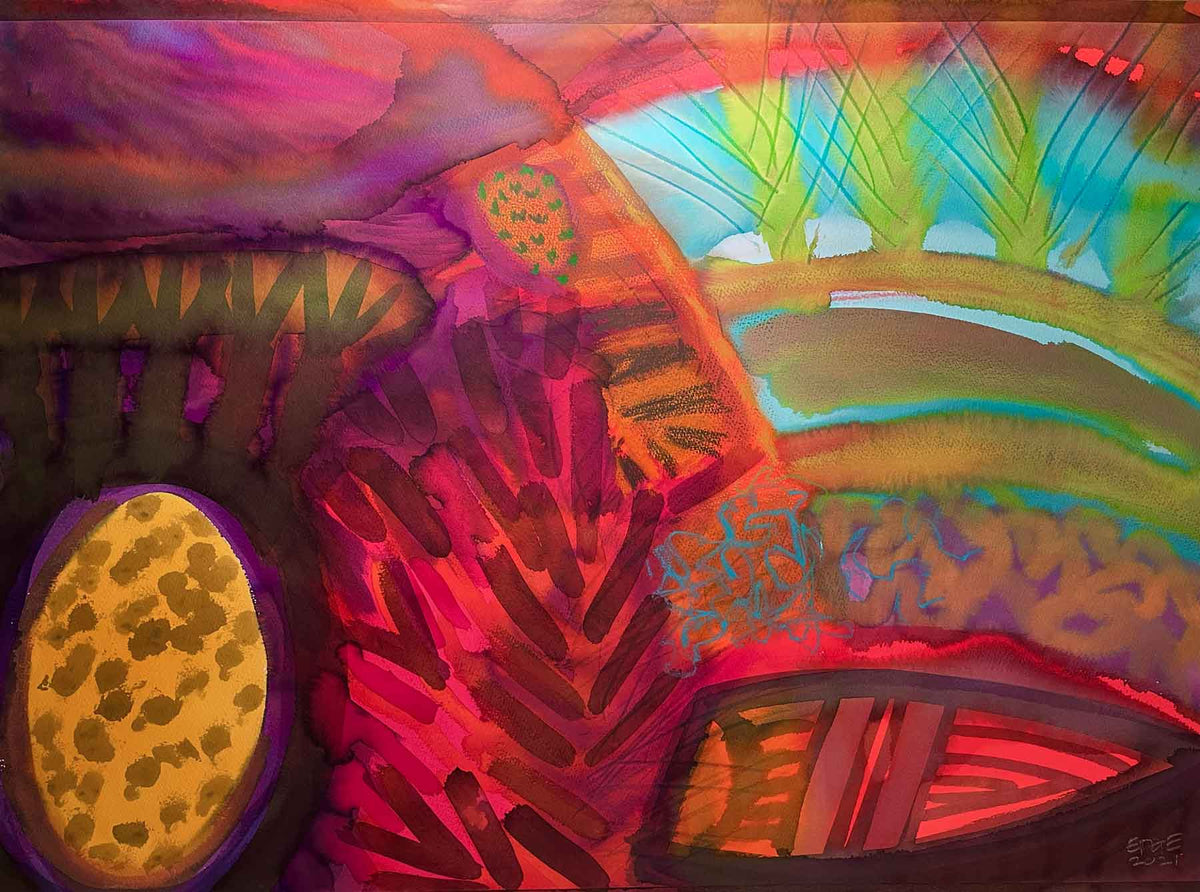 An abstract watercolor artwork dominated by rich, warm tones of red, magenta, purple, and bright orange contrasted with cool cyan and green. On the left, an oval shape with yellow-gold field and brown leopard-like spots is framed in deep purple. Dark, repetitive brushstrokes form herringbone, arching, and comb-like patterns across reddish washes. In the upper right, fine cyan lines fan outward like stylized trees or sun rays against a sky-blue and green background. Light blue squiggles and geometric pattern