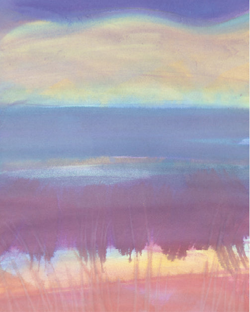 An abstract pastel landscape art print featuring soft horizontal bands of purple, blue, yellow, and pink, with a white border and the handwritten signature 'EDGE '21' in the bottom right corner.