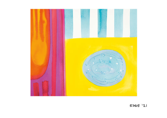 White stripes, with blue egg & lemon table. Abstract
